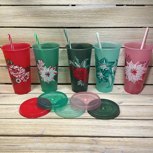 Starbucks 2022 Holiday Winter Reusable 24 oz. Cold Cups 5 pack w/ Straws - Picture 2 of 6